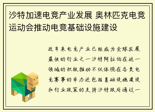 沙特加速电竞产业发展 奥林匹克电竞运动会推动电竞基础设施建设